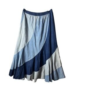 Cottagecore Denim Patchwork Maxi Skirt Blue Cotton Elastic Waist Size M